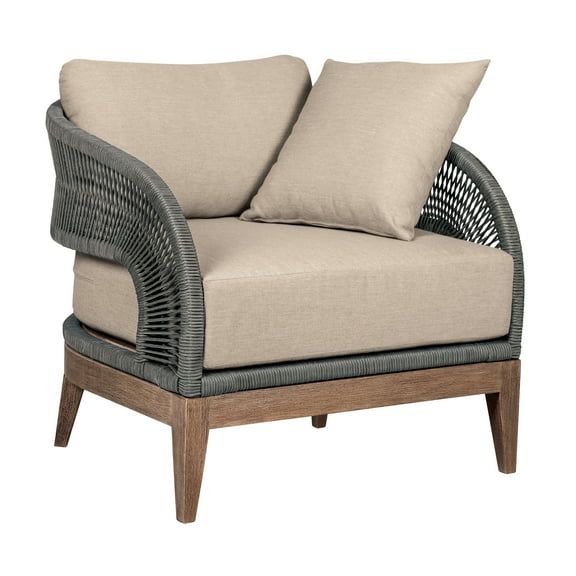 Orbit Outdoor Chair in Eucalyptus Wood with Gray Rope and Taupe Cushions
