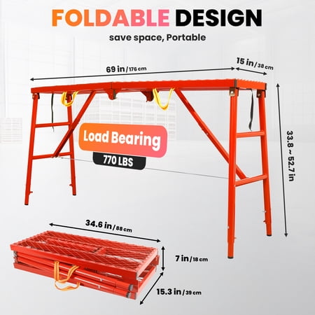 Scaffolding Ladder with Anti-Slip Surface, 1000 Lbs Capacity Heavy Duty Work Platform Industrial Step Ladders, 5-Level Height Folding Scaffolding Platform Steel for Gazebo Repair