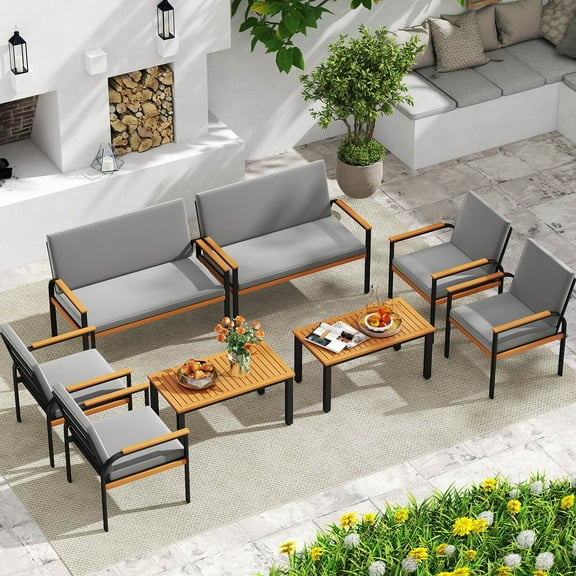 Costway 8 Piece Patio Furniture Set with Coffee Table, Loveseat & 4 Single Chairs for Porch Gray