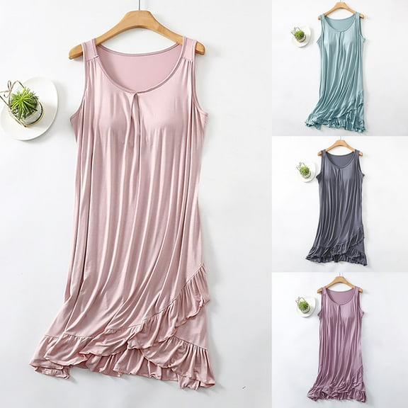 Fancifize Nightgowns for Women Sleeveless Sleepwear with Built in Bra Soft Crew Neck Nightdress Loungewear Pajama Nightwear