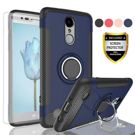 E30 Carbon - HJ Wireless LG Aristo Case,LG K8 2017 Case,Risio 2/Rebel 2 LTE/LG Phoenix 3/LG Fortune Case with HD Screen Protector, Rotating Ring Holder Dual Layer Shock Carbon Fiber Trim Cover for LG LV3-QV Blue