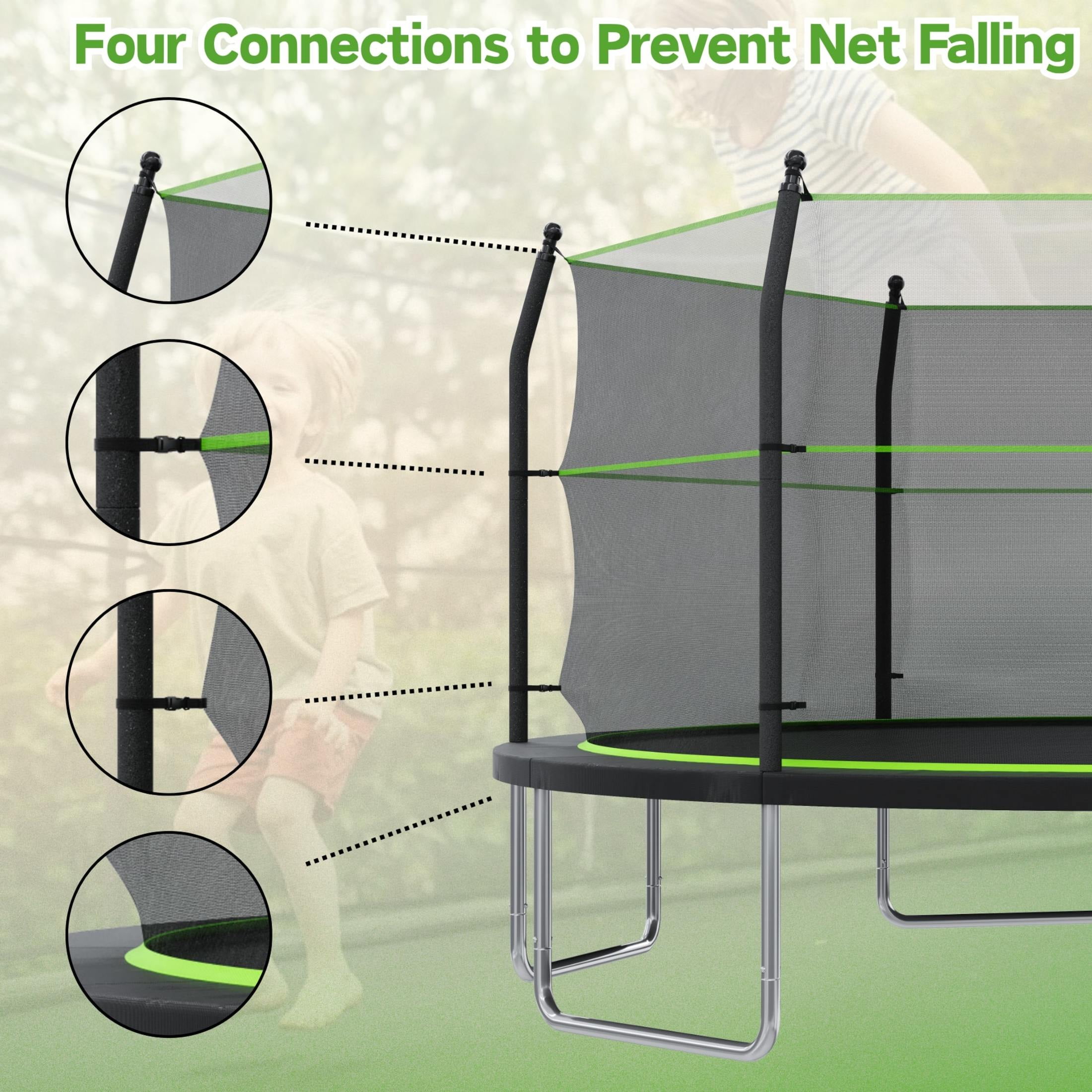 Noble House 14FT Outdoor Backyard Trampoline, Rust-Resistant Metal Frame, Enclosure Net with Ladder, Black & Green