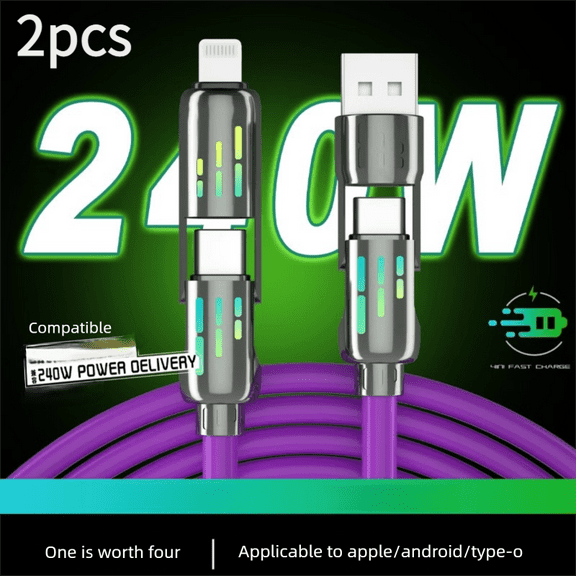 2-Pack 6.6FT 240W Fast Charging Cable, 4-in-1 Multi USB Charger Cord with Type-C, Lightning, Micro USB, PD Quick Charge, Zinc Alloy & Silicone Durable Braided Cable with LED Light, Purple