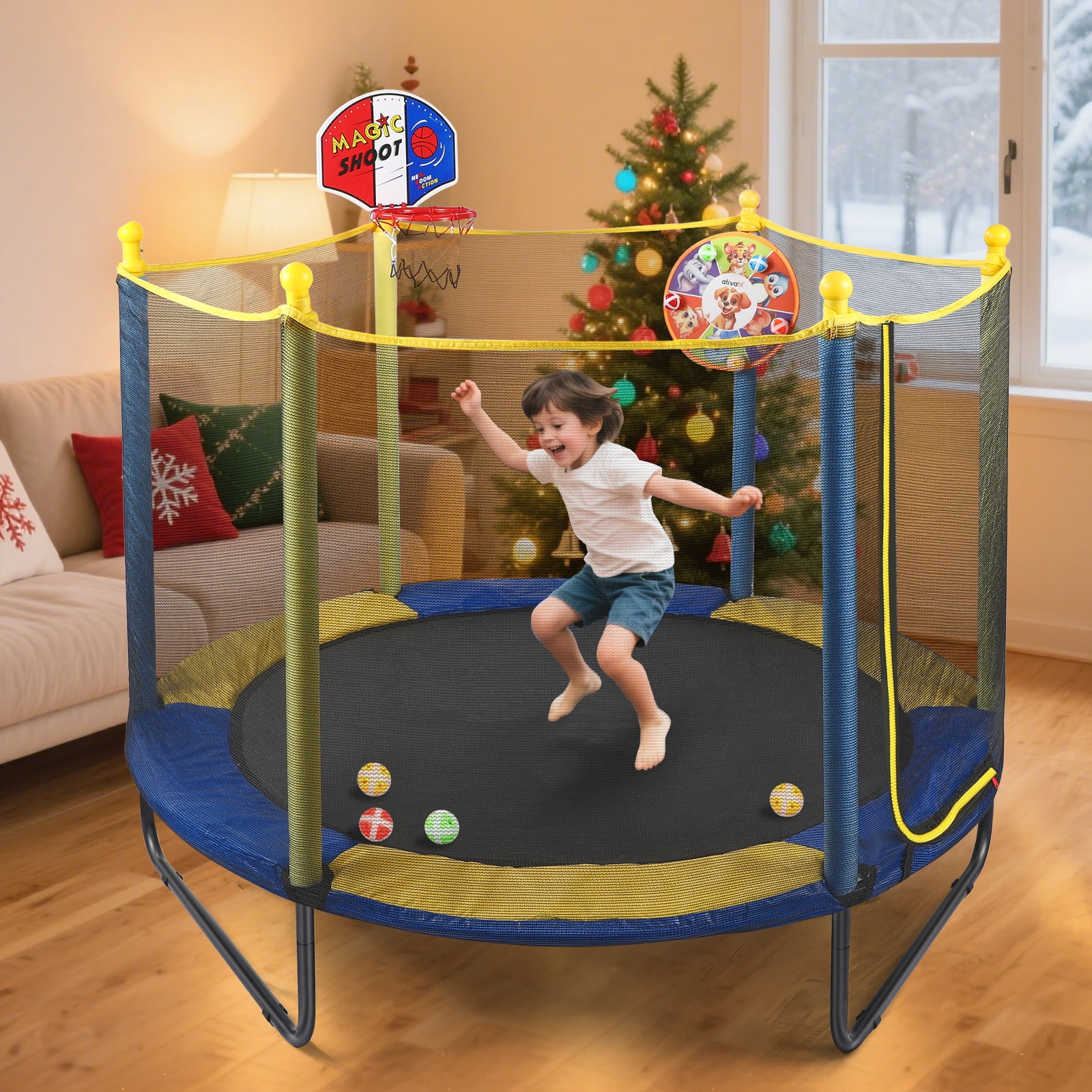 Fenbeli 60'' Kids Trampoline with Safety Net, Basketball Hoop & Dartboard, Indoor Outdoor Toddler Trampoline for Ages 1-8
