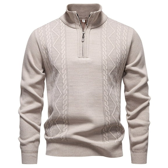 GBSYEWXS Pullover Sweater For Men Long Sleeve Solid Color Zip-Up Fleece Elegant Collared Sweaters Beige