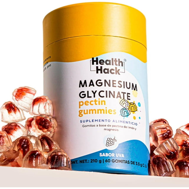 Gomitas de Glicinato de Magnesio de Alta Absorción sabor Uva | 60 gomitas enriquecidas con Ingredientes Naturales, Sin Azúcar, Sin Colorantes Artificiales | Health Hack - 410mg por porción