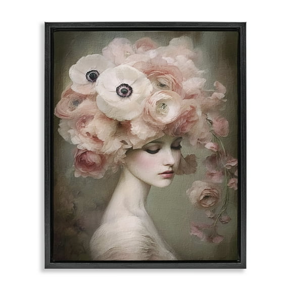Stupell Industries Woman & Blush Florals Novelty Painting Black Floater Framed Art Print Wall Art, 17 x 21