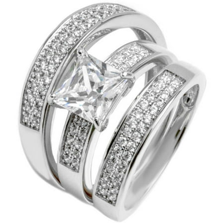 Pori Jewelers CZ Sterling Silver Princess-Cut Micro-Pave Trio Engagement Ring Set