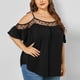 thumbnail image 3 of Camiseta de talla grande para mujer Summmer asimétrica de encaje con retazos cuello redondo manga corta informal con hombros descubiertos Fridja  bn7094, 3 of 7