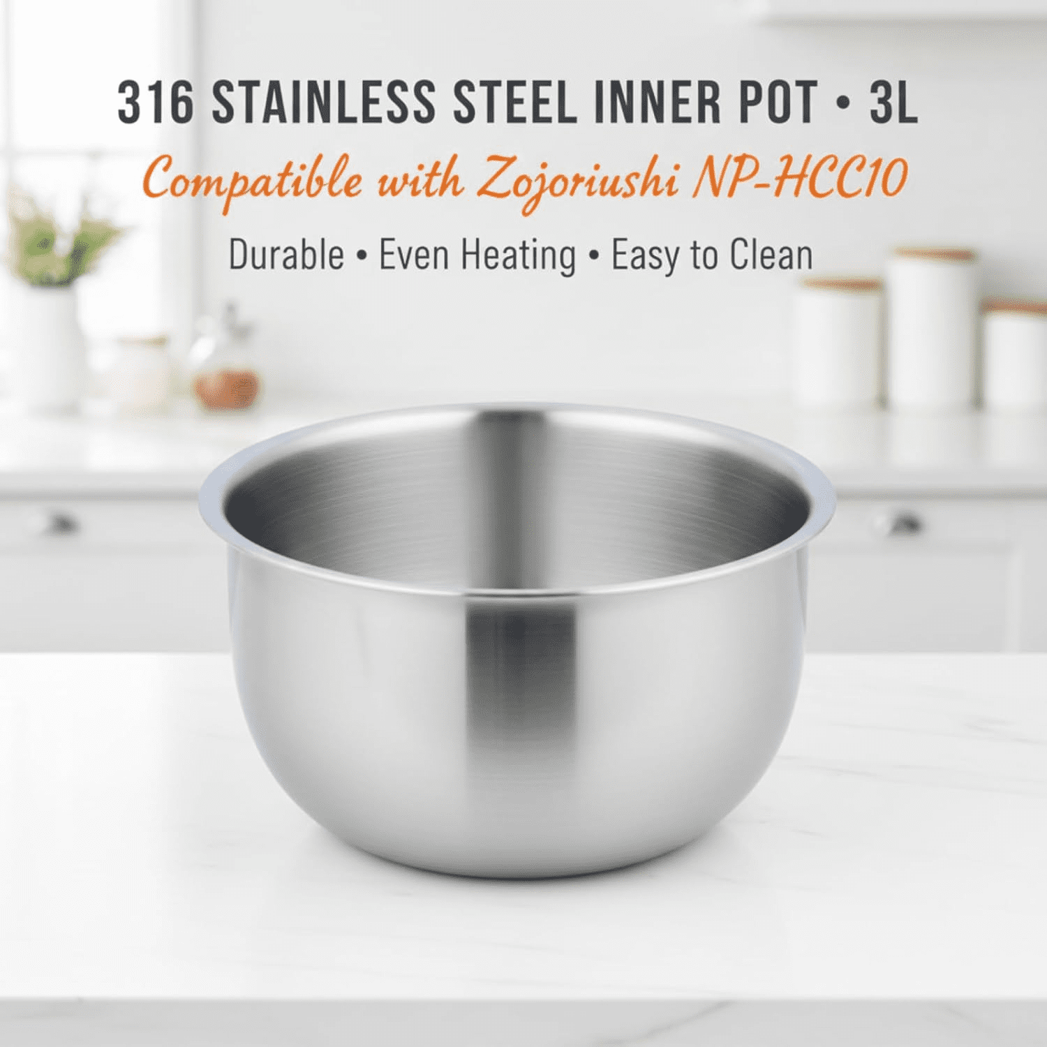 316 Stainless Steel Inner Pot 3L Replacement | Premium Rice Cooker Bowl Compatible with Zojirushi NP-HCC10 | Uncoated One-Piece Design for Even Heating & Daily Cooking