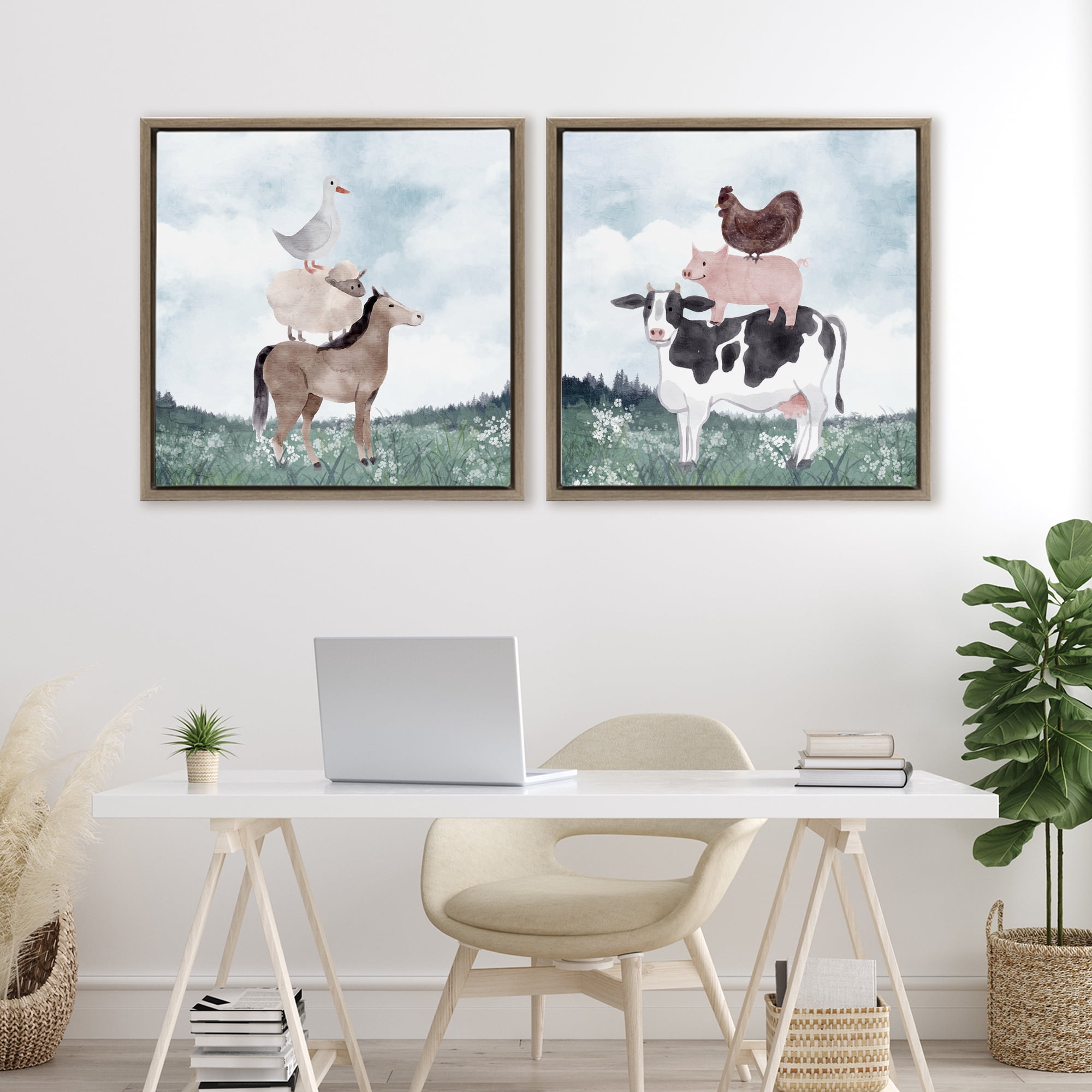 Stupell Industries Stacked Animals Blue Sky Farm 2 Piece Brown Framed Floater Canvas Set, design by Kim Allen