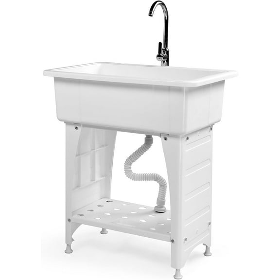 SONGMY Spacious White Utility Sink Laundry Tub for Laundry Room, Garage Washing Station, Slop Sink, Freestanding Sink with Stainless Steel Faucet, Drain, Storage Shelf and Removable Drainboard,White