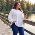 thumbnail image 3 of GRACE & GRANDEUR Women's Plus Size Halloween Outfits Swiss Dot Chiffon Blouse Crew Neck Lantern Sleeve Top with Pom Pom Detailing 2X White, 3 of 8