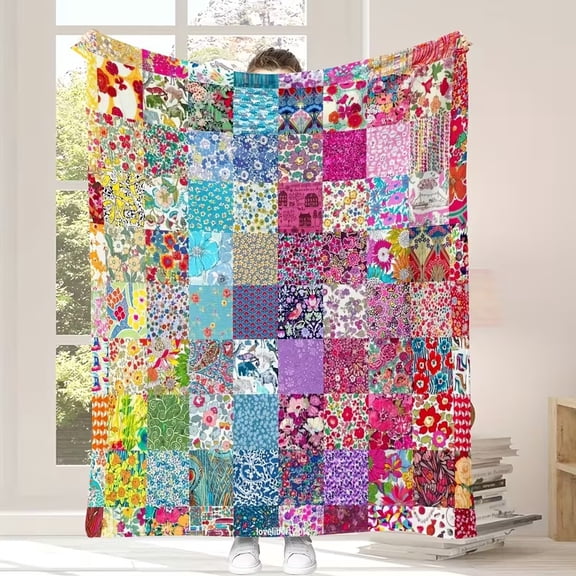 Reversible Flannel Blanket Colorful Patchwork Floral Design