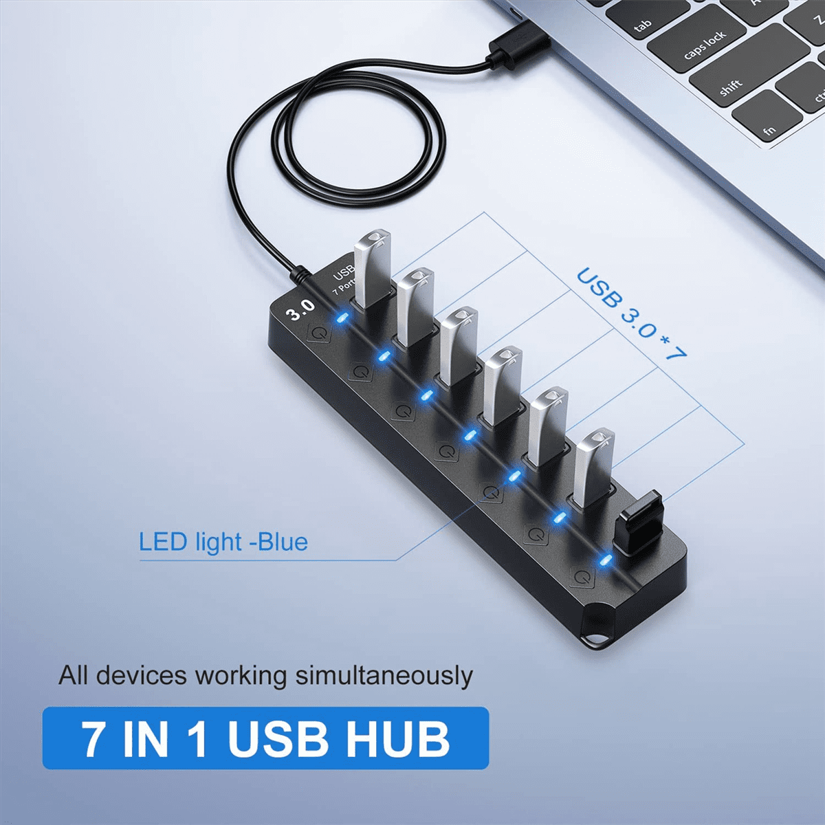 2X 7 Ports USB Hub Splitter Multi Hub USB 3.0 Adapter USB Several Ports Power Adapter with Switches and Lights