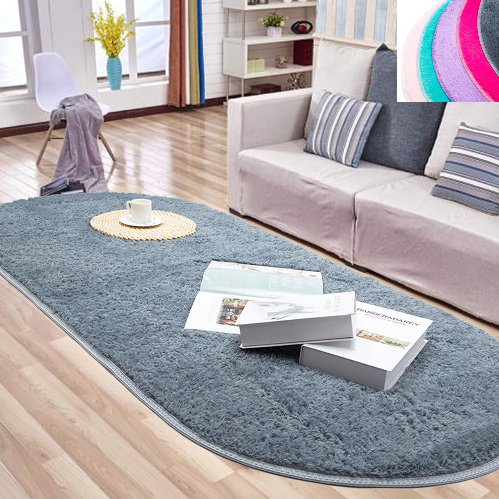 DODOING 31.4 x 64.9 inches Ultra Soft Fluffy Oval Area Rugs Shaggy Living Room Rug Solid Color Non-Slip Bedroom Bedside Rug Runners, Grey