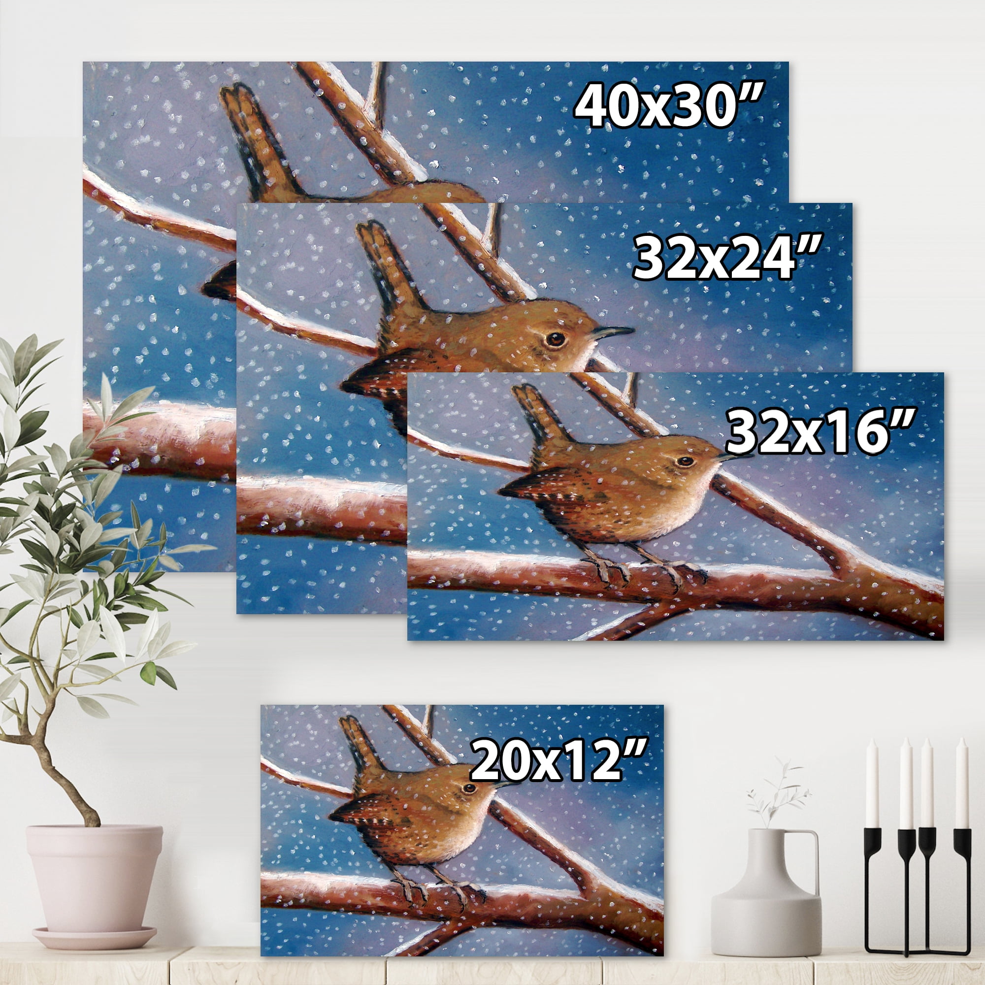 Designart ' Wren Bird On Branch In Winter ' Farmhouse Canvas Wall Art Print
