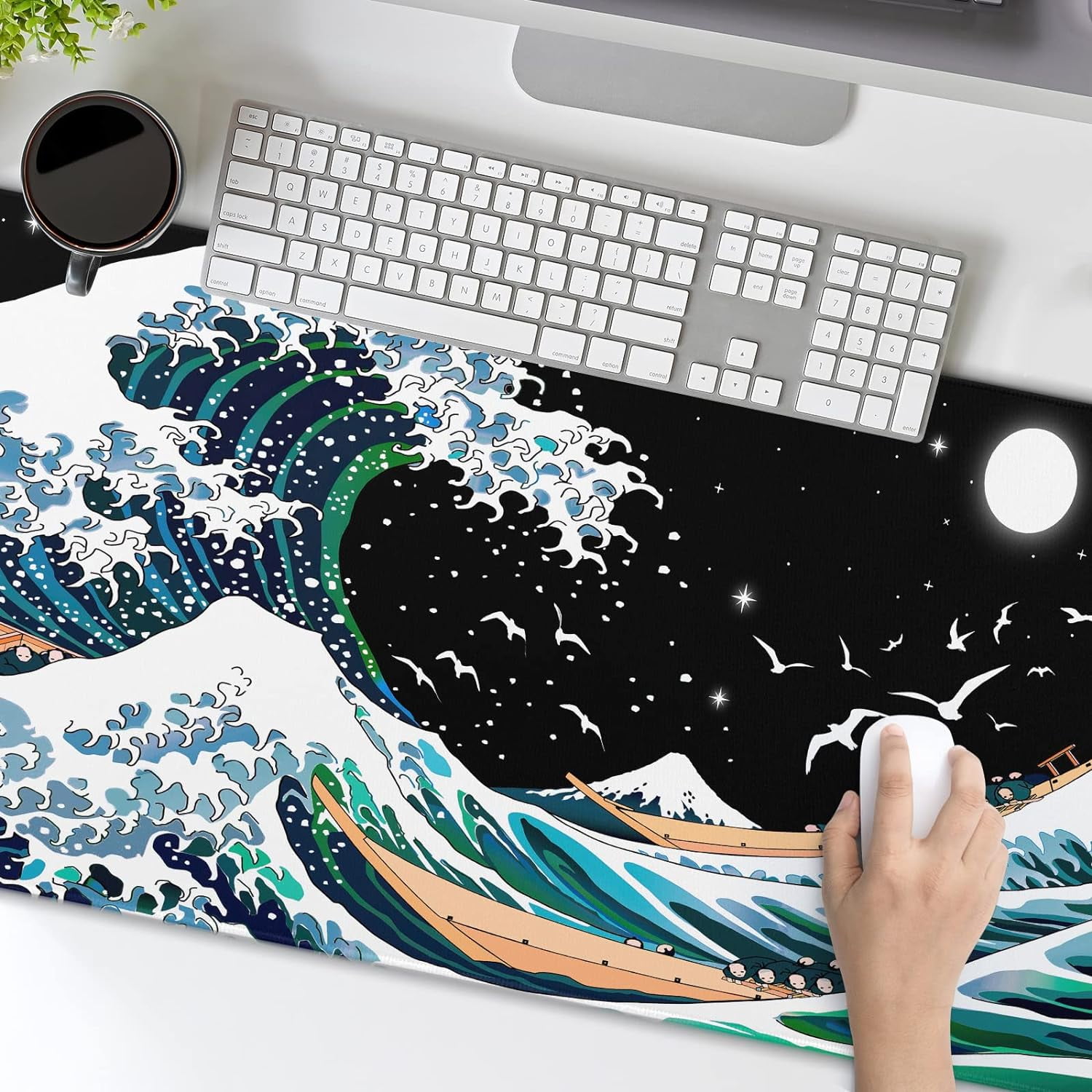 Japanese Black White Gaming Mouse Pad XXL Blue Green Sea Wave Moon Birds Extended Big Large Desk Mat Non-Slip Rubber Base Stitched Edge Long Keyboard Mousepad for PC Computer Laptop,35.4×15.7 in