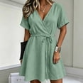 thumbnail image 2 of Women's Summer Cotton Linen Wrap V-Neck Mini Dress Short Sleeve Waist Tie Flowy A-Line Casual Swing Dress for Beach Daily Wear Green L(L), 2 of 7