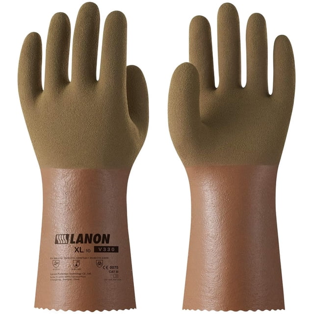 LANON Gants Résistants aux Produits Chimiques en Nitrile, Réutilisables, Protection en Micro-Mousse Texturée Palmier, Acide, Alcalin et Huile, X-Gros Caramel + Beige Clair PalmXL/10
