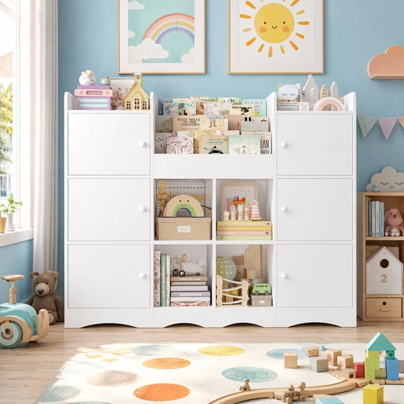 Hiphuta 55"In Kids Bookcase with Toy Storage Organizer, Wood Bookcase Toy Chest of 10 Compartments, Bookshelf for Kids Bedroom Classroom, White