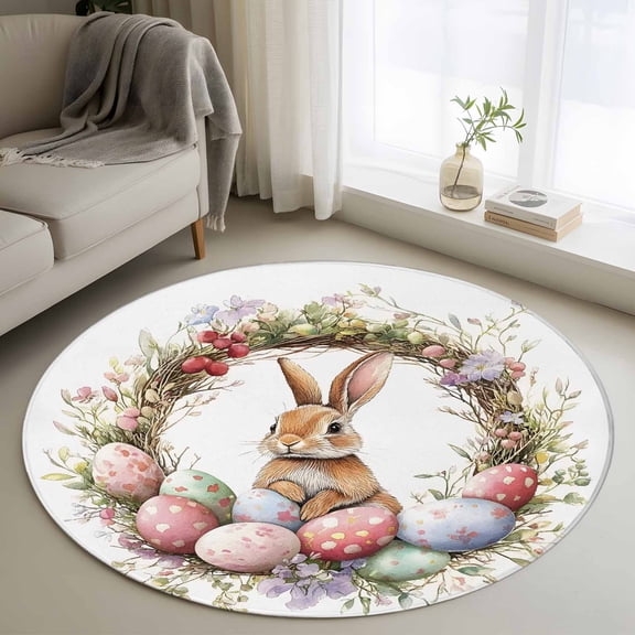 Spring Floral Easter Round Rug 3ft Washable Circle Entryway Rugs Non Slip Bunny Botanical Wreath Eggs Area Rug Indoor Floor Carpet for Bedroom Kitchen Living Room Home Office Dining Room Nursery
