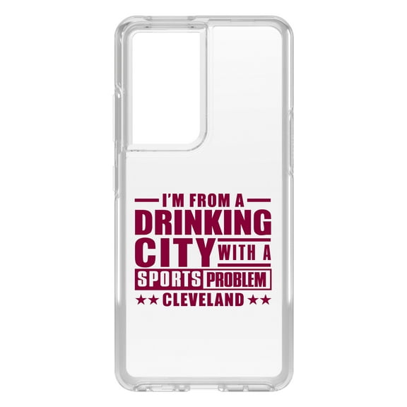 DistinctInk Clear Shockproof Hybrid Case for Galaxy S21 ULTRA 5G (6.8" Screen) - TPU Bumper Acrylic Back Tempered Glass Screen Protector - Cleveland Drinking City Sports Problem