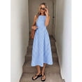 thumbnail image 3 of Blue And White Gingham Boat Neck Sleeveless A-Line Midi Dress, Woven Fabric, Relaxed Casual Elegant Style, 3 of 5
