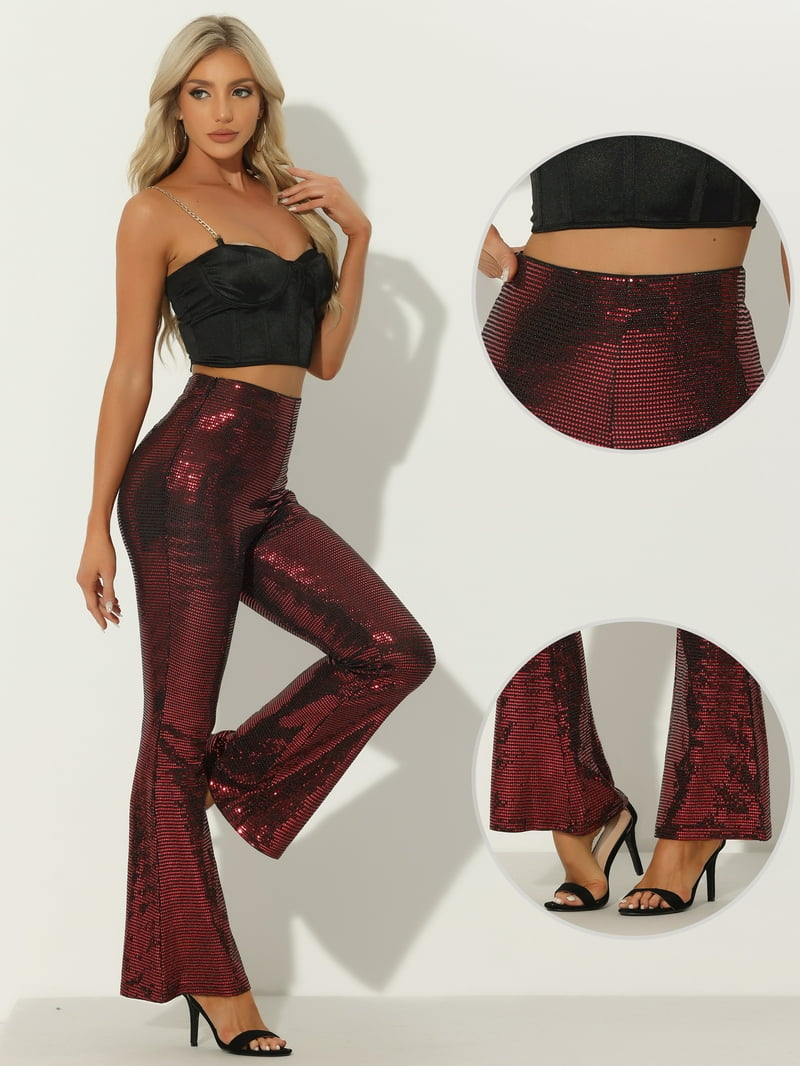Unique Bargains Women's Sparkle Bell Bottoms Stretch Shiny