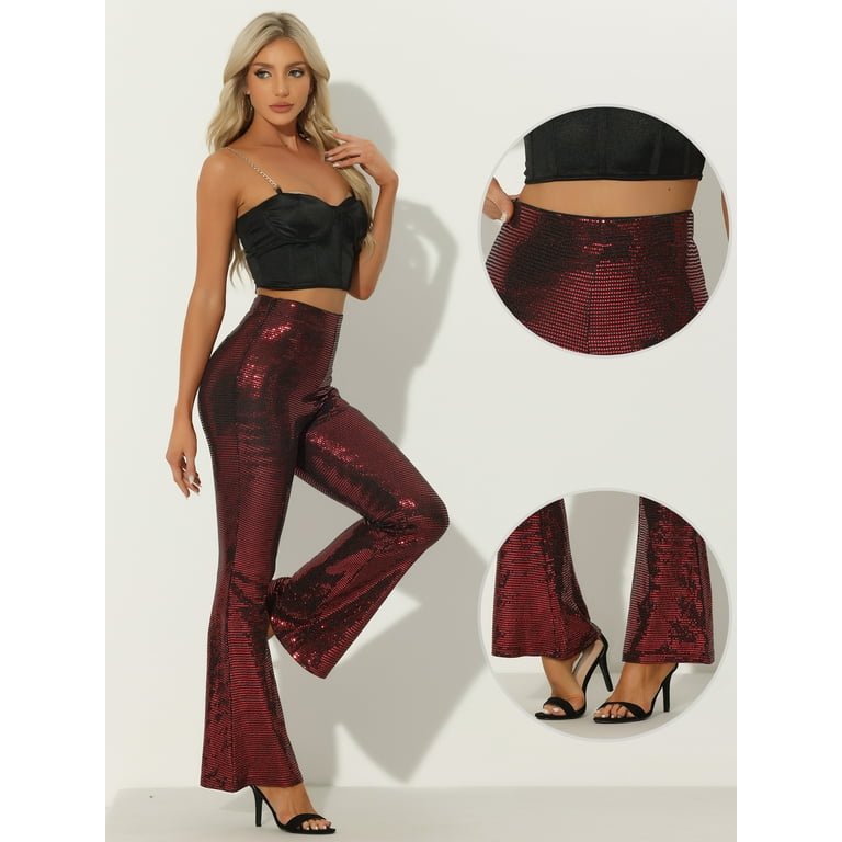 Unique Bargains Women's Sparkle Bell Bottoms Stretch Shiny Unique Bargains Women's Sparkle Bell Bottoms Stretch Shiny