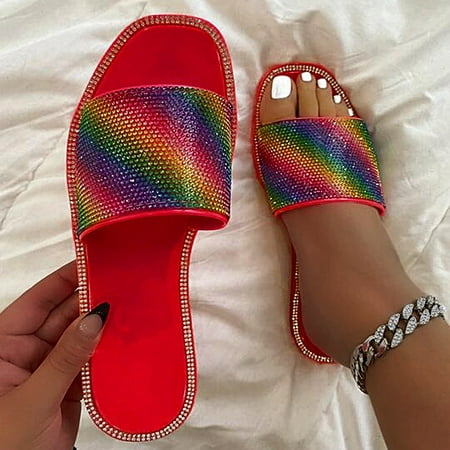 

Alueeu Women s slipper Women s Summer Flat Round Toe Slippers Outdoor Rainbow Crystal Slip On Shoes