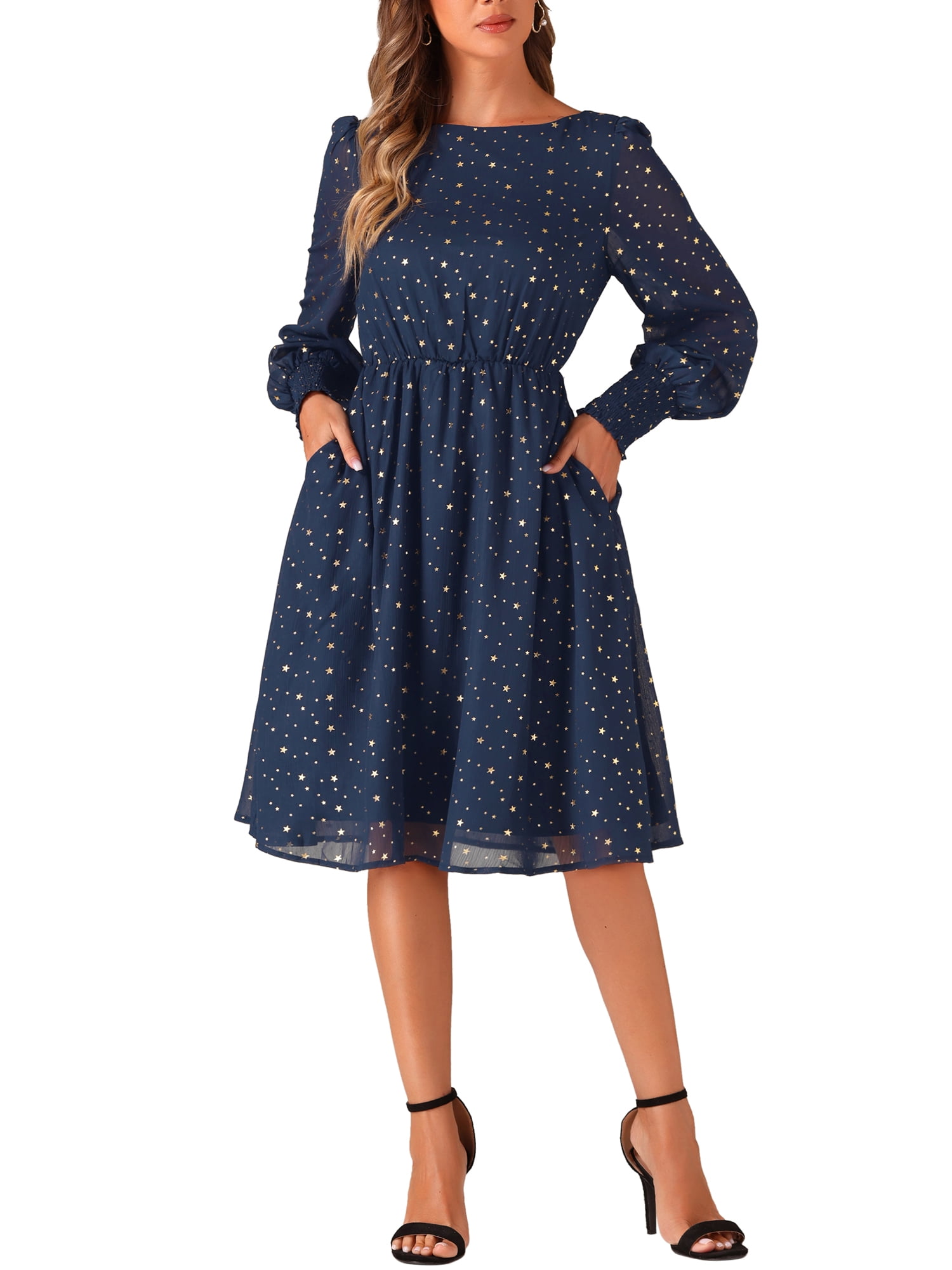 DARING DIVA Puff Long Sleeve Elastic Waist Mesh Dress M Dark Blue