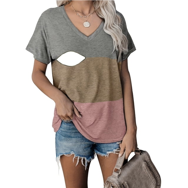 Bestseller, Blouse Décontractée à Manches Courtes et Col Rond pour Femmes, Couleur Unie, Design Aguichant avec Boutons, Parfait pour les Maternités d'Été, 60 % Polyester, 5 % Spandex, 35 % Coton, Gris, Sopatenor