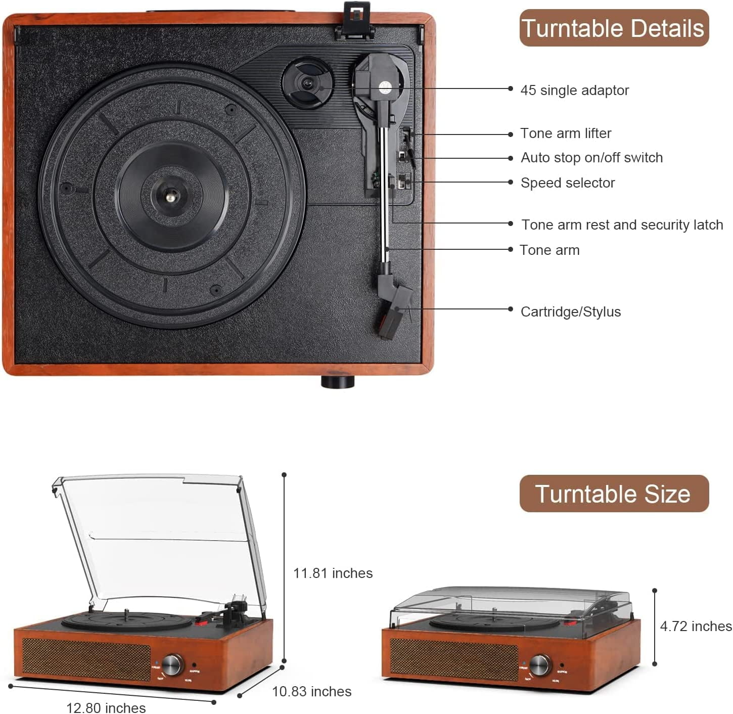 DIGITNOW Bluetooth Record Player Belt-Driven 3-Speed Turntable, Vintage Vinyl  Record Players Built-in Stereo Speakers, with Headphone Jack/ Aux Input/  RCA Line Out, Brown Wooden-Basic Function-DIGITNOW!