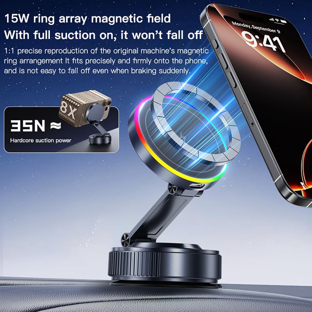 For MagSafe Car Mount Charger[15W Wireless Fast Charging], Car Vacuum Magnetic Phone Holder[120LBS Ultra Suction Cup & 3000gf Magnet ], Adjustable Suction Phone Mount for Your Car for iPhone 17-12
