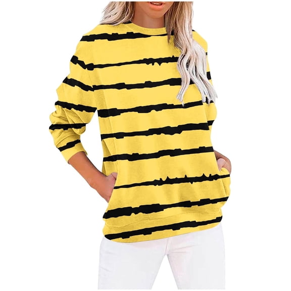 yillto Womens Striped Sweatshirt Pockets Fashion Long Sleeve Fall Trendy Tops Casual Pullover Shirts