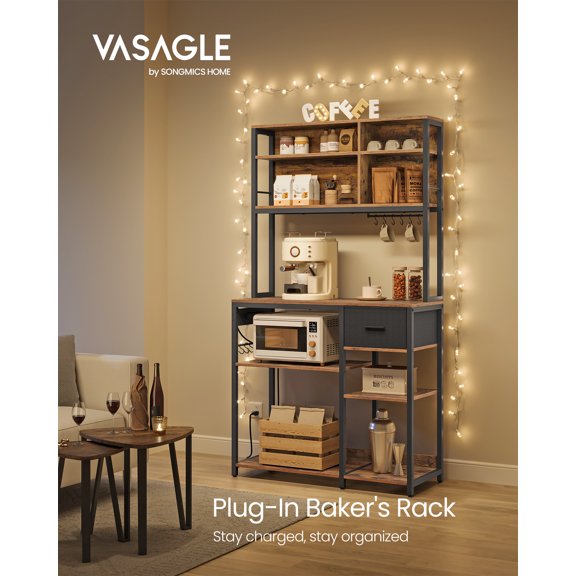 VASAGLE Étagère de Boulanger avec Station de Recharge, Support de Bar à Café avec Tablettes de Rangement Ajustables, Tiroir en Tissu, 12 Crochets, Table pour Micro-Ondes, Cuisine, Brun Rustique et Noir Encre UKKS027K01