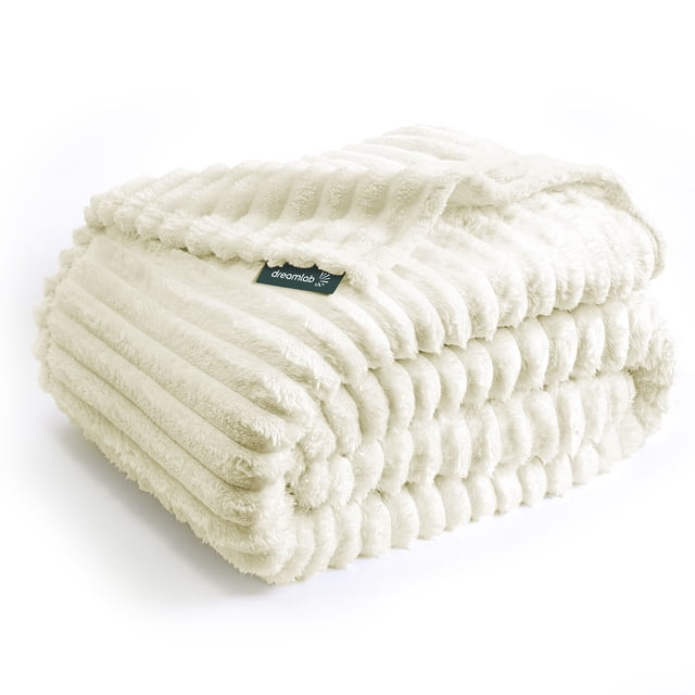 Cobija Frazada Afelpada Dreamlab Flannel de Rayas Ultra Suave | Blanket Cobertor Polar Invierno para Cama o Manta para Sofa | Frazada Calientita, Hipoalergénica | Colcha Marfil