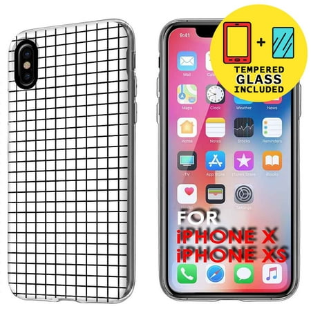 Clear TPU Phone Case for Apple iPhone XS,X,Grid,Temper Glass Included,Combo