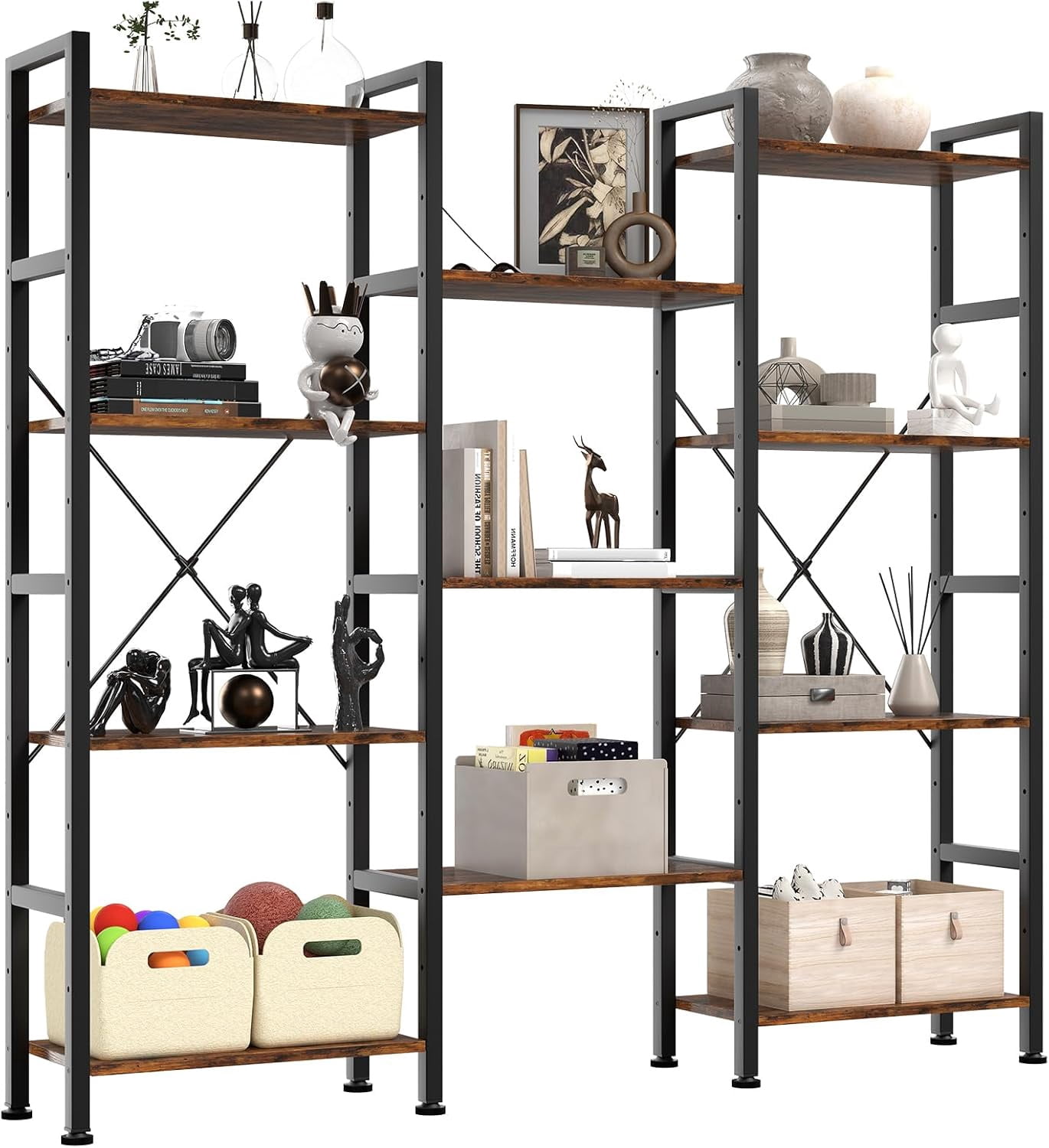 Atilioo Triple Bookshelf, 4-Tier Wide Bookcase with 11 Open Tall Display Shelves, Modern Industrial Book Shelves for Living Room Home Office, Brown