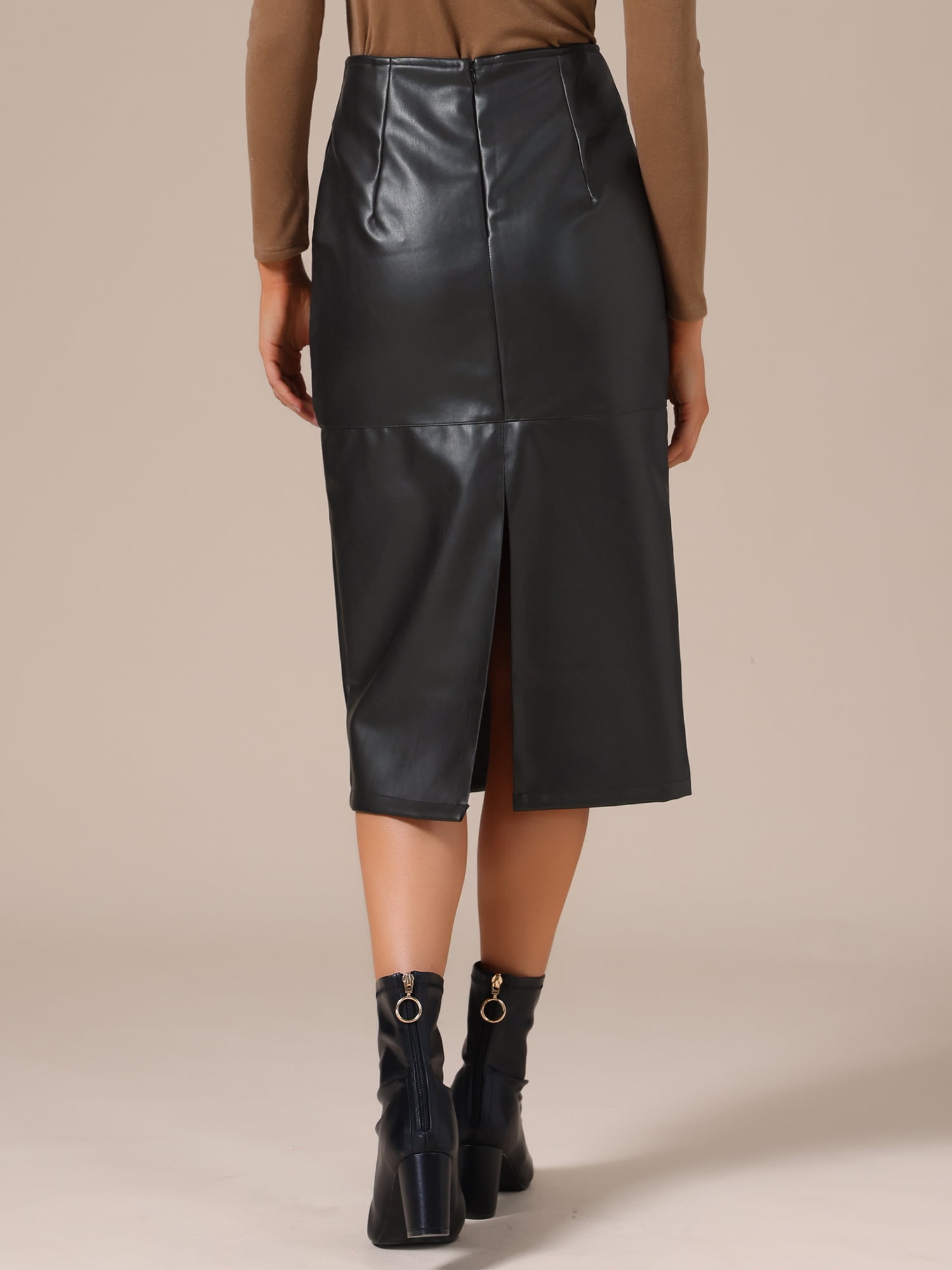 DARING DIVA Women's PU Leather Midi Party Split Back Bodycon Pencil Skirt X-Large Black