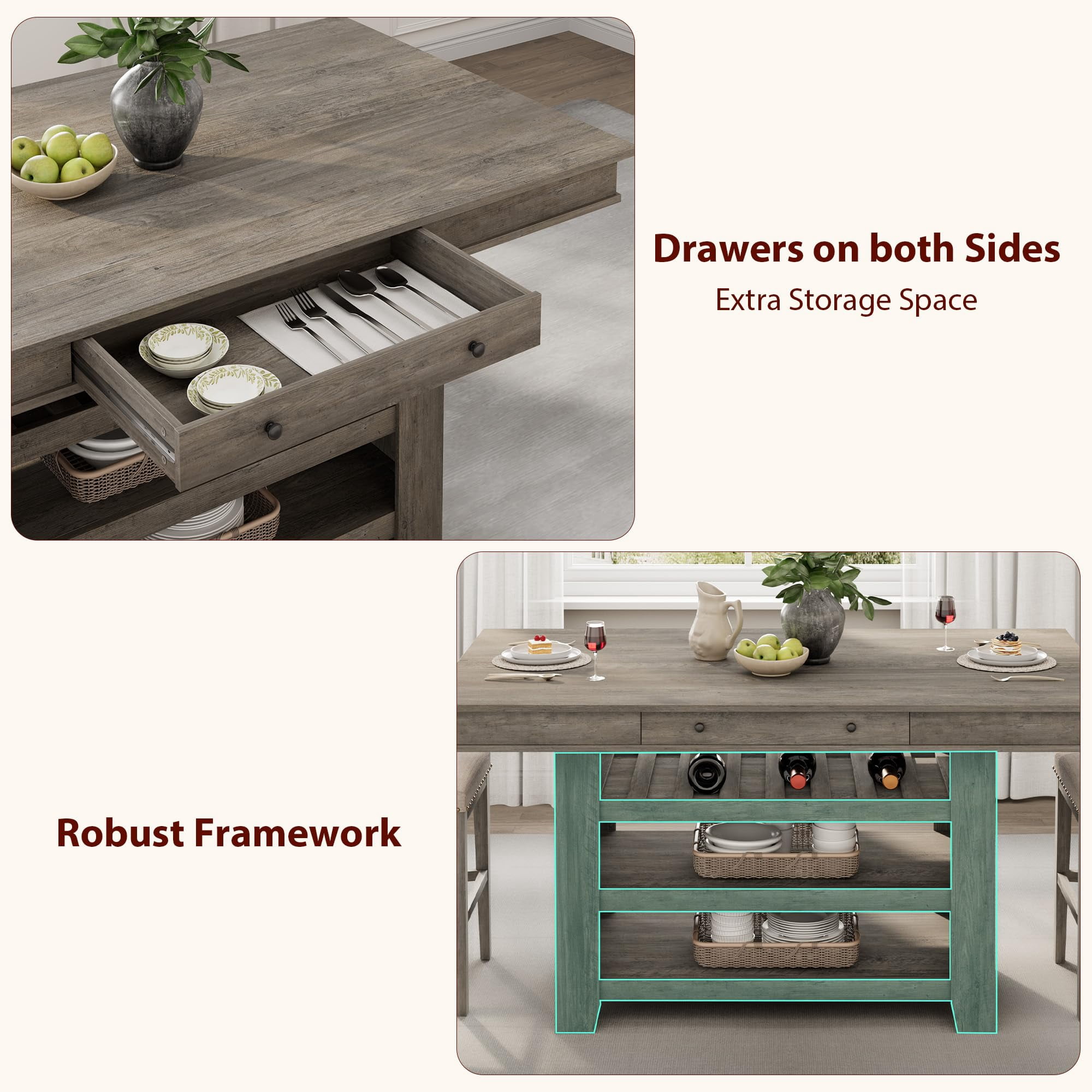 60" Counter Height Dining Table for 4, 36 in W Wood Bar Height Dining Room Table with 2 Drawer & Shelves, Deepened Wine Rack, Thick & Large Table Top for Kitchen, Bar, Rustic Gray