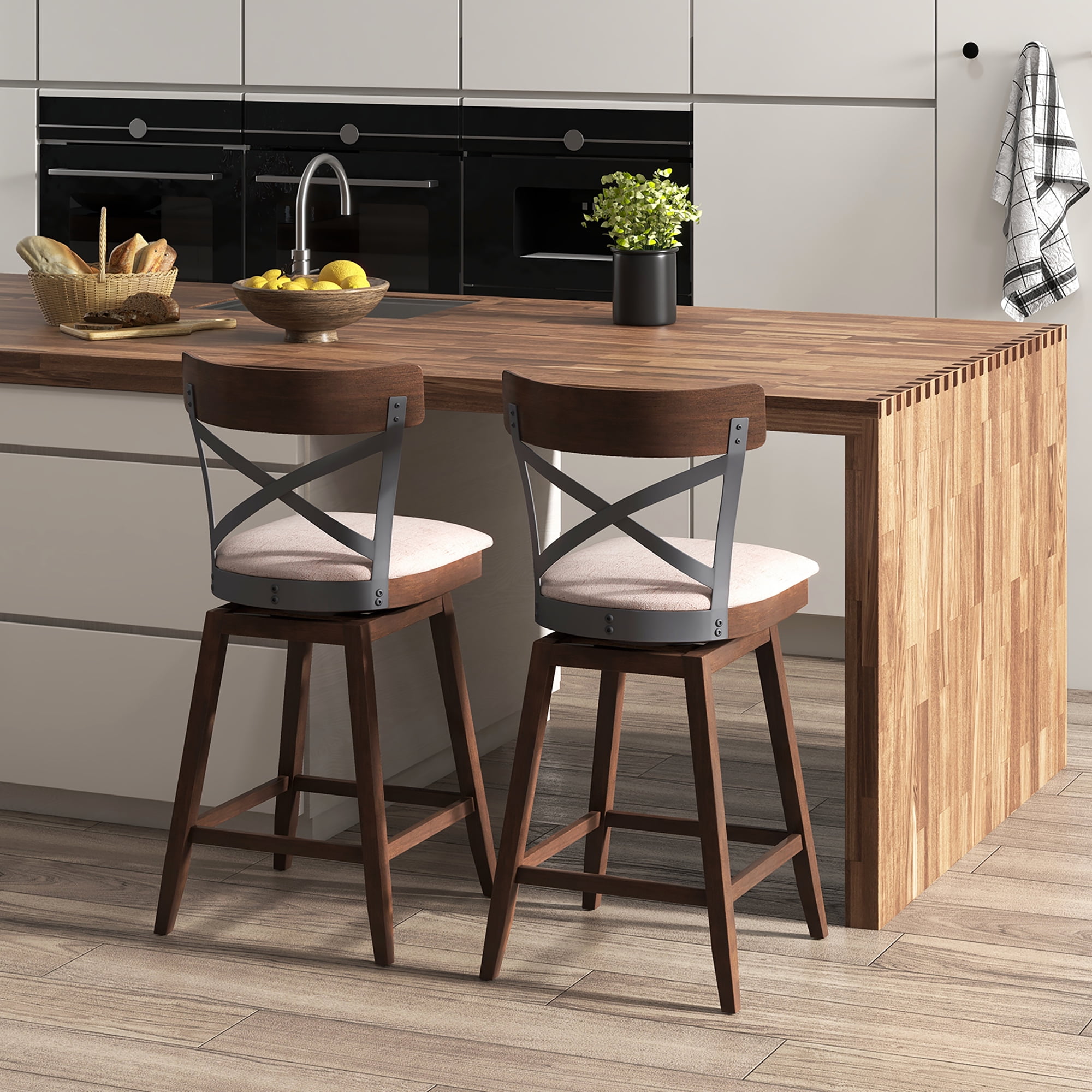 Costway Wooden Swivel Upholstered Counter Height Backrest Bar Stools Brown (Set of 2)