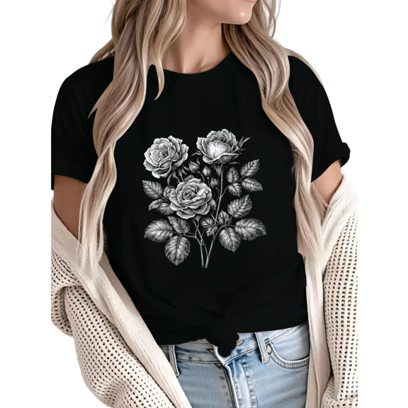 Giffimy Women's Vintage Sketch Black And White Rose With Leaves Graphic Short Sleeve T-Shirt Casual Crewneck Top