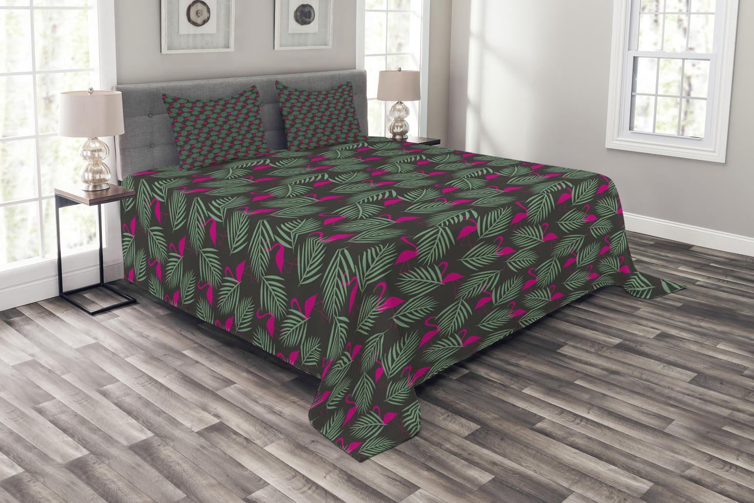 Decorative Quilted 3 Piece Coverlet Set with 2 Pillow Shams Ambesonne Flamingo Bedspread King Size Flamingos Sitting on Macro Tropic Exotic Leaves Graphic in Retro Style Artwork Pink Green 