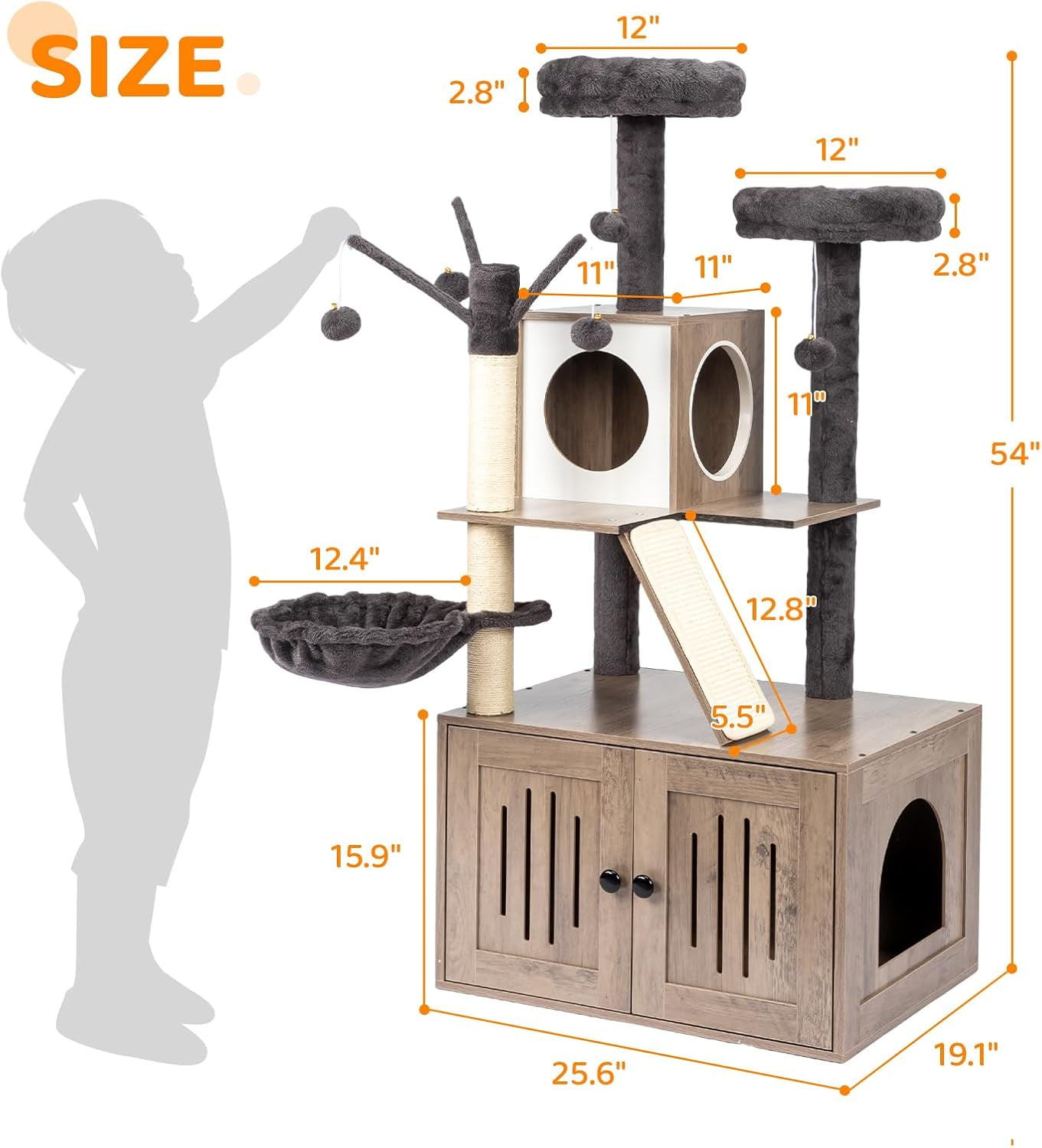 VINGLI Cat Tree Tower with Litter Box, Houses for Indoor Kittens, 53" All-in-1 Wooden Cats Condo, Cat Tower wih Scratching Posts, Hidden Cat Washroom Furniture, Gray