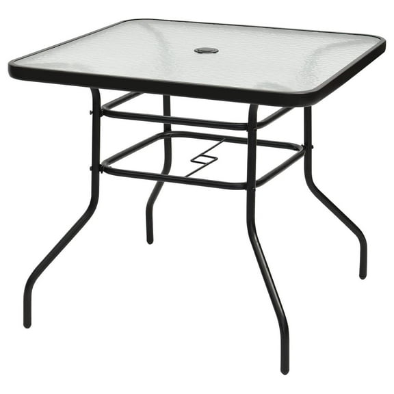 32'' Patio Table with Umbrella Hole, Outdoor Bistro Table w/Tempered Glass Top & Sturdy Metal Frame, Square Patio Dining Table Coffee Table for Garden, Balcony, Poolside