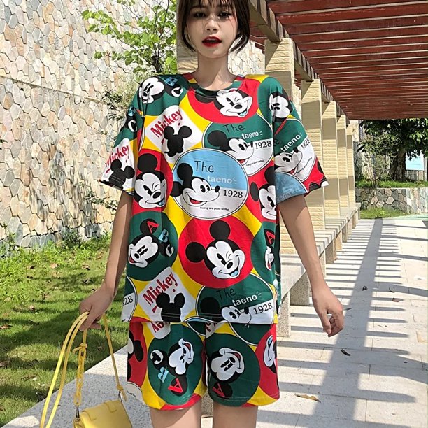Conjunto de ropa de dormir holgada de verano para mujer, ropa de hogar de manga corta y cuello redondo de talla grande, traje informal para casa con estampado de dibujos animados cómodo