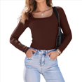 thumbnail image 3 of Camisas de Larga para Mujer, Blusas de Cuello Cuadrado, Blusas Básicas de Punto Acanalado, Conjuntos de Otoño, Ropa de Moda Marrón Oscuro M, 3 of 8
