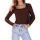 thumbnail image 3 of Camisas de Larga para Mujer, Blusas de Cuello Cuadrado, Blusas Básicas de Punto Acanalado, Conjuntos de Otoño, Ropa de Moda Marrón Oscuro M, 3 of 8